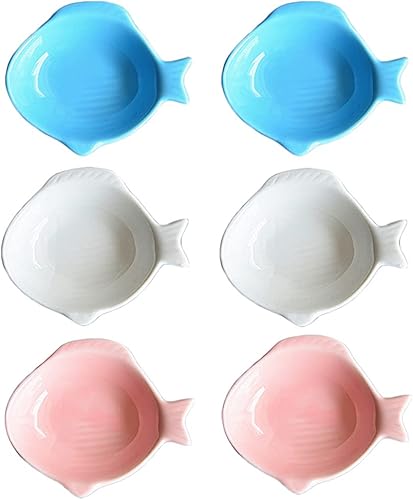 Miniatura 3 de Platos de porcelana con diseño de forma de pescado, platos de condimentos para salsa de soja, azulblancorosa (juego de 6)