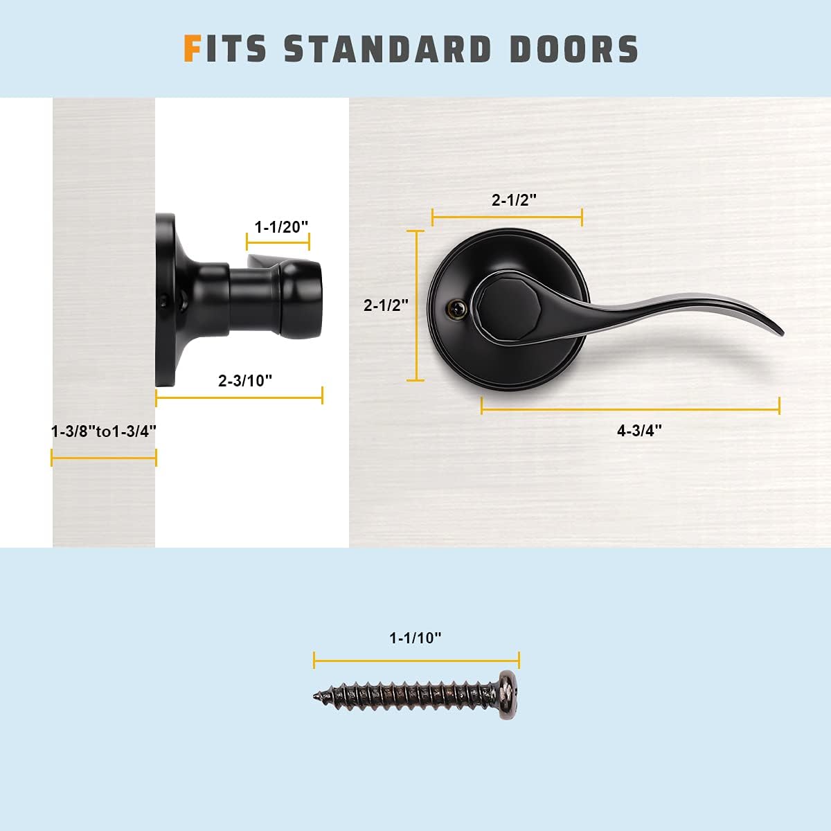 KNOBWELL 6 Pack Single Sided Dummy Door Levers Door Knobs Drop Style Dummy Knobs Door Handle Set, Matte Black Finish, Wave Style Dummy Levers for Right Handing Doors