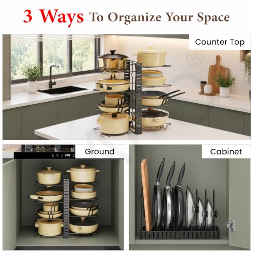 Image of LAPO 8 Tier Adjustable Pan Stand for Kitchen, Multipurpose Pot Tawa Rack Holder, Cookware Lid Plate Tray Organizer Shelf for Home, Space Saving Storage Rack, Black Finish