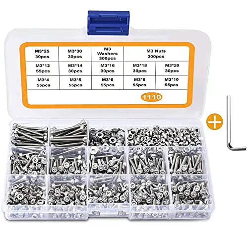 KASTWAVE 1110pcs M3 Stainless Steel Screws Bolts Nuts Lock and Flat Gasket Washers Assortment Kit, Precise Metric Screws and Nuts Set, with 1Piece Hex Keys for Free, included Tool Box