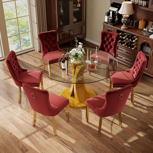 Image of 7-Piece Dining Table Set with 47In Tempered Glass Table and 6 Velvet Upholstered Chairs, Modern Scandinavian Furniture for Dining Room Kitchen(Burgundy&Gold)