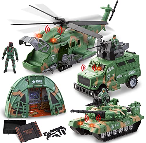JOYIN Military Reconnaissance Vehicle Toy Set of Friction Powered Helicopter, Tank, Armored Car with Light and Sound, Motorcycle, Camp and Army Figures, Realistic Military Vehicle Playset for Kids