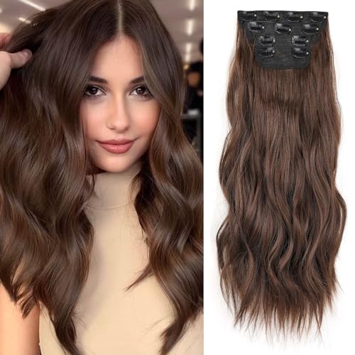 Samtress 16 Inch Clip in Wavy Brown Hair Extensions - 4PCS Synthetic Fiber Hairpieces for Daily Wear (#9)