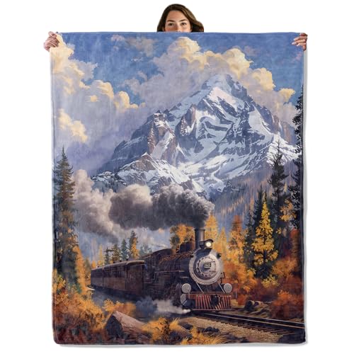 GBXGBX Vintage Steam Train Throw Blanket – Retro Railway Landscape Design, Cozy Warm Flannel Blankets, All Season Use, Kids Boys Girls Women Gifts, 50x60in, Sofa Office Dorm Travel RV Decoration