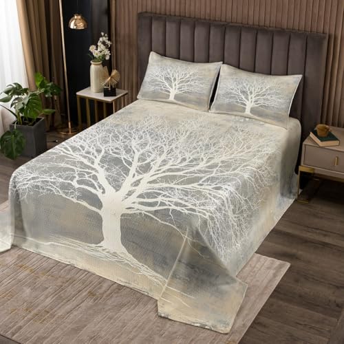 Tree of Abstract Life Kids Bedspread Twin Size,Botanical Plant Nature Boho Coverlet Set,Girls Boys Room Decor,Bohemia Tribal Trippy Magical Quilted Coverlet,Retro Bedding Quilt,1 Pillowcase