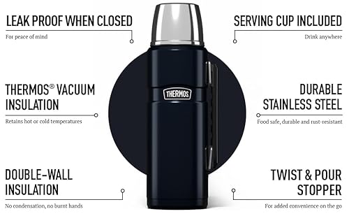 Foto von Thermos Stainless King Thermosflasche blau 1,20l - Edelstahl, absolut dicht, mit Trinkbecher und Griff, 12h heiß & 24h kalt, spülmaschinenfest, BPA-frei