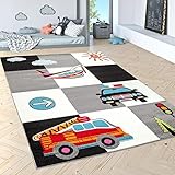 Florhöhe: ca. 9 mm Kinderteppich Spielteppich Polizei Feuerwehr Flugzeug Karo Creme Grau Schwarz, Grösse:80x150 cm