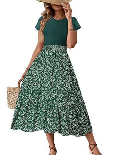 Image of Dokotoo Women's 2026 Summer Dress Short Sleeve Crew Neck Casual Floral Print Long Flowy Dresses Maxi Dresses