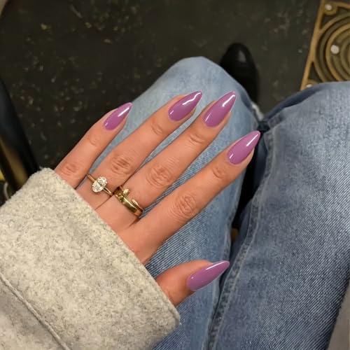 Dark Purple Press on Nails Almond Shaped Nails Press ons, Medium Fake Nails Almond Acrylic Nails Glue on Nail Medium Length False Nail for Women Thick Natural Gel Stiletto 24Pcs