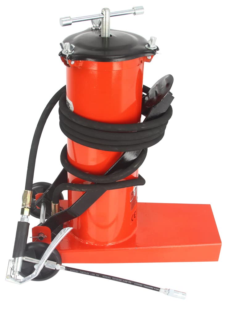 Ingrassatore Pneumatico a Barile 6L 360 Bar Lubrificatore Grasso a Pedana Tubo 4m | con Ruote | Azionamento Leva | 2 estremità Rigida e Flessibile