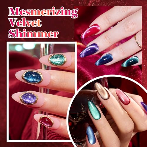 Image of Beetles Cat Eye Gel Nail Polish Set - 6 Colors 15ML Full Size Glitter Gel Polish Kit Red Pink Brown Burgundy Purple Blue Green Magnetic Stunning Effect Soak Off UV Nail Art DIY Home Manicure Gifts