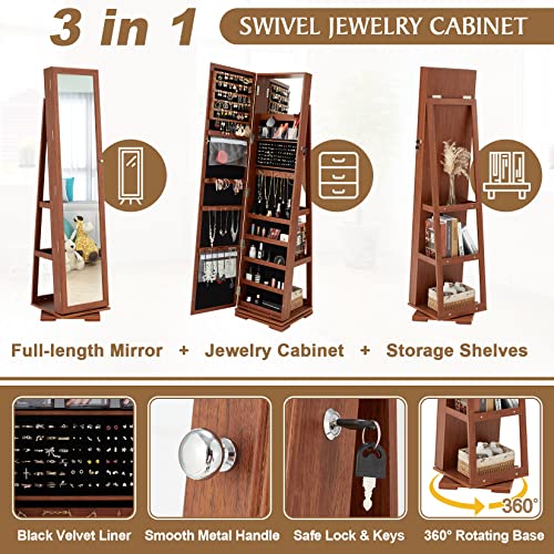 Acipenser 360° Rotating Jewelry Armoire, Lockable Jewelry Cabinet Organizer Standing W/Full Length Mirror, Large Storage Capacity, Built-In Makeup Mirror & 3-Tier Rear Storage Shelves, Walnut #TOP4