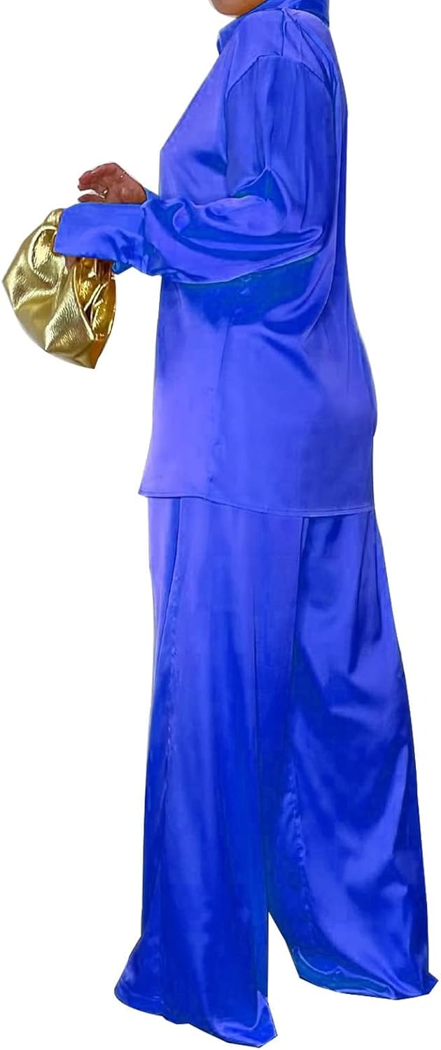 Womens Silk Satin 2 Piece Outfit Long Sleeve Lapel Button Down Tops Wide Leg Palazzo Loungewear Pajama Set - Image 4