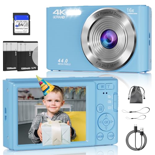 Digital Camera, FHD 4K Digital Camera with 64GB SD Card, 44MP Digital Point and Shoot Camera, 16X Digital Zoom, Anti Shake, 3-LED Fill Lights, Compact Camera for Kids Teen Boys Girls, Blue