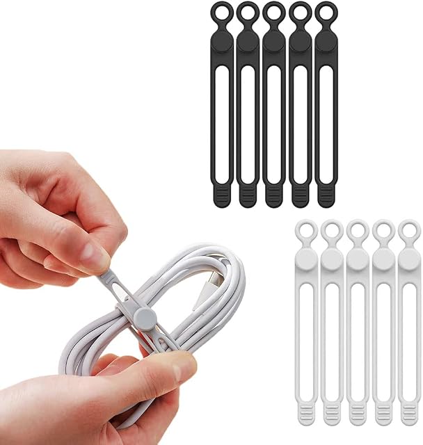 10 PCS Reusable Cable Tie Silicone Cable Ties Elasticity Cable Management Organizer Cable Ties Straps for Cord USB Cable Charging Cords Office Home Car