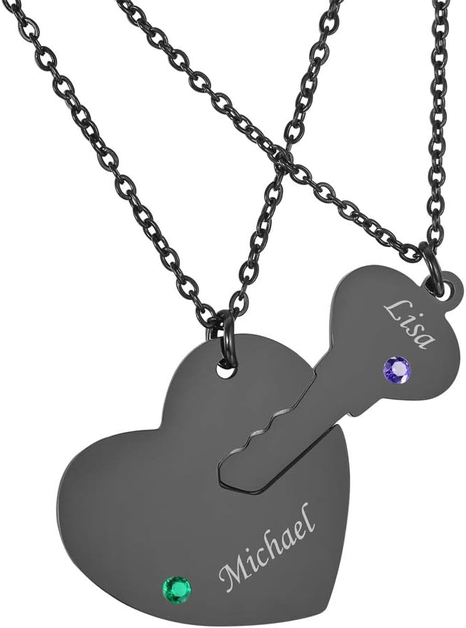Valyria Stainless Steel Personalized Key Heart Puzzle Necklace Set with Birthstones - Custom Made with Any Name