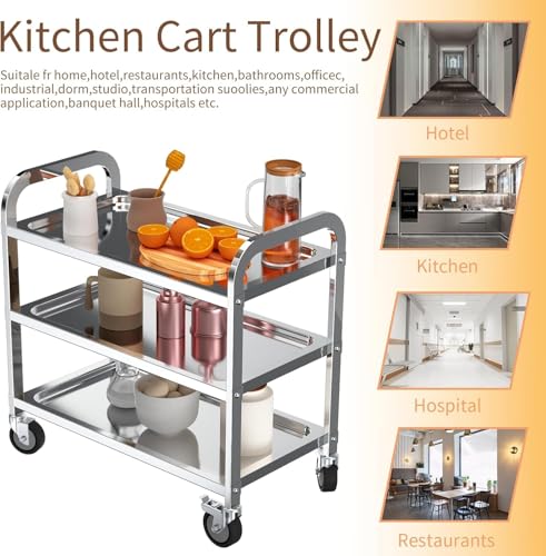 Foto von TAIMIKO 3 Borde Edelstahl Servicewage Servierwagen Küchenwagen Rollwagen Speisewagen mit Bremse, Vier Produkte zur Auswahl (75 x 40 x 83.5 cm)