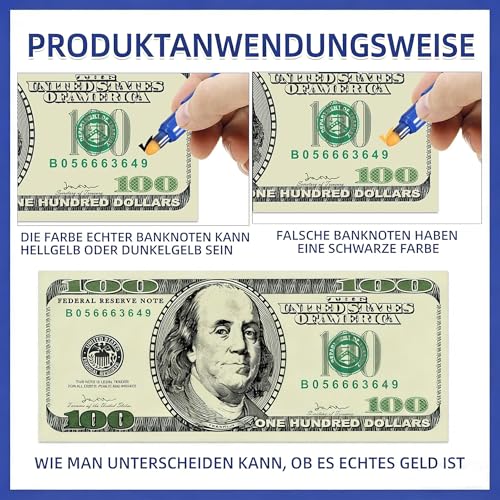 5 Stück Geldscheinprüfer Stift, Blau Falschgeld Prüfer Stift, Falschgeld Marker Stifte, Erkennung Banknoten Stift, Stift zur Erkennung Gefälschter Geldscheine, für US-Dollar, Euro, Pfund, Yen, Won usw