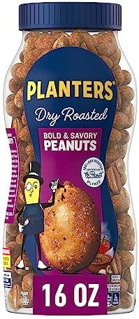 Planters Dry Roasted Bold & Savory Peanuts, Party Snacks, Plant-Based Protein, 16 Oz Jar