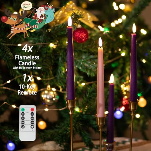 Image of Flamelss Advent Candles, 9.6 inch Real Wax Flameless Taper Candles with Remote, 4 Pack Flickering LED Candle Battery Operated Candlesticks for Christmas, Catholic, Advent, Wreath, Purple and Pink