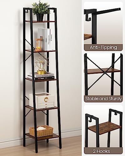 Hzuaneri 5-Tier Ladder Shelf, Narrow Bookshelf, Corner Storage Shelves, Freestanding Bookcase With 2 Hooks For Home Office, Living Room, Kitchen, Bedroom, Industrial, Rustic Brown And Black Bc03201B #TOP4