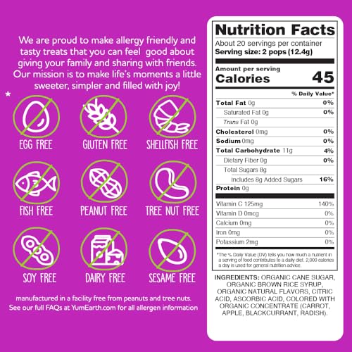 YumEarth Organic Vitamin C Pops Variety Pack, 40 Fruit Flavored Favorites Lollipops, Allergy Friendly, Gluten Free, Non-GMO, Vegan, No Artificial Dyes