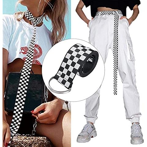Women's Canvas Belt, Black and White Chequered Canvas Belt, Breathable Checked Belt with Iron Ring, 135 cm Cover