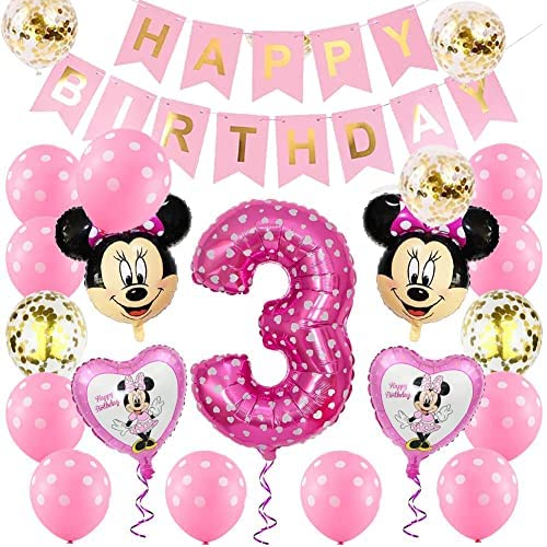 Decoracion Cumpleaños Minnie,Minnie Globos, Minnie Themed Party Decorations Supplies 3rd Birthday Decoración de cumpleaños 3 en Rosa Niña 3 Año para Fiestas de Cumpleaños Globos Cover