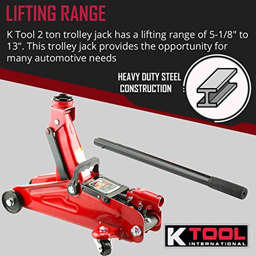 K Tool International 63103A 2 Ton Automotive Trolley Floor Jack For Garages, Repair Shops, And Diy, Portable, Compact, 4,000 Lbs. Capacity, Hydraulic Lifting Range 5.125" - 13", Heavy Duty Steel, Red #TOP3