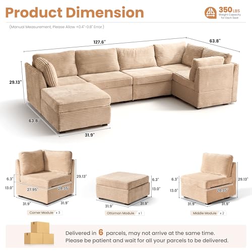 Image of ovios Modular Sectional Sofa Couch with L-Shape Chaise Ottoman, Comfy Plush Corduroy Cloud Couches, Modern Luxury Deep Seat Sofas Set for Living Room, 6-Seater, Beige