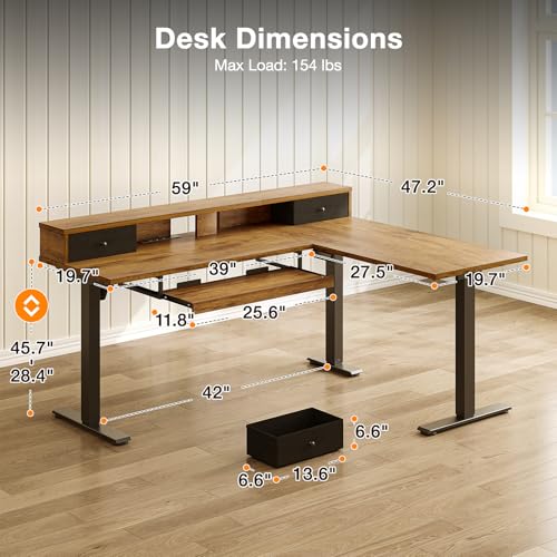 Image of Casaottima 59 Inch Electric L-Shaped Standing Desk with Drawers, Height Adjustable Stand Up Corner Desk with Monitor Stand & Keyboard Tray, Lift Table for Home Office, Workstation, Rustic Brown