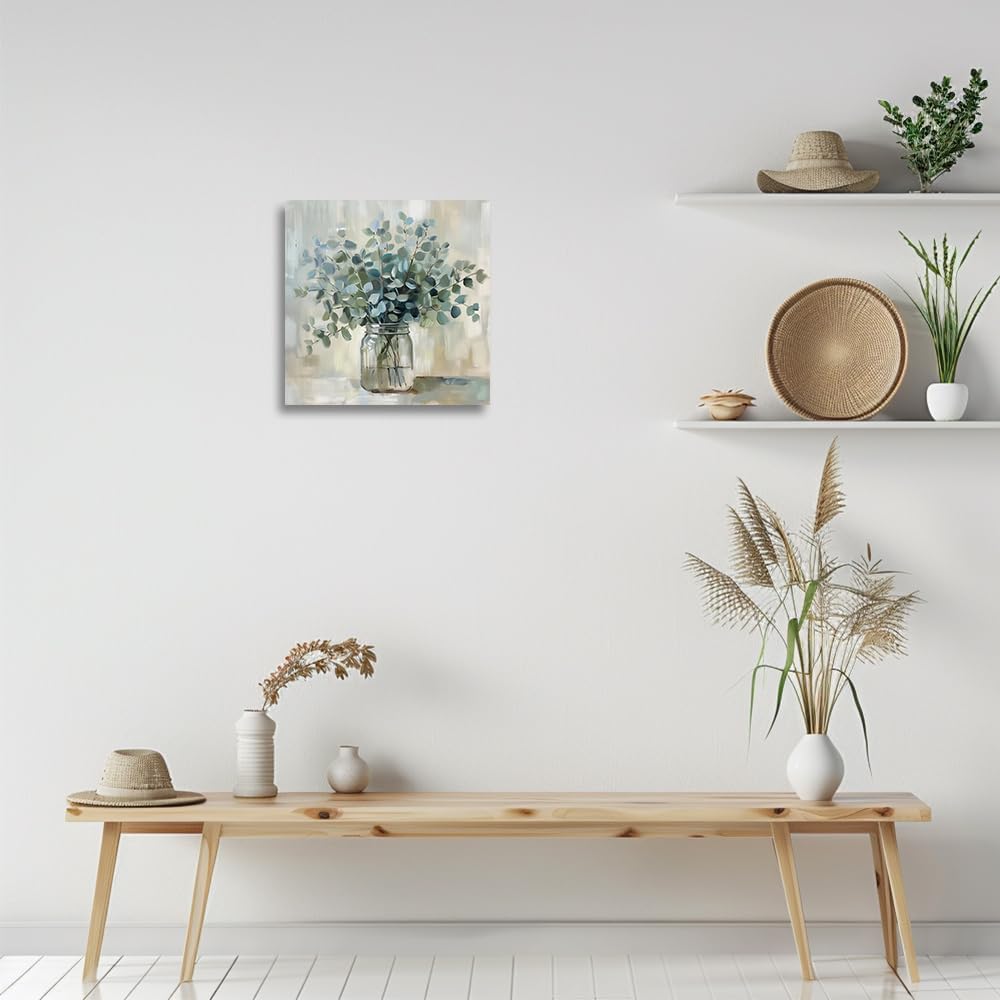 CGXLB Eucalyptus Pictures for Bathroom Eucalyptus Wall Decor Soothing Nature Wall Art Green and Blue Pictures Framed for Bedroom Kitchen 12"x12"