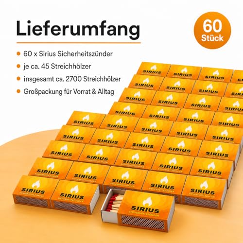 jameitop® Streichhölzer 60 Schachteln Sirius Haushaltszünder Zündholzschachtel Zündhölzer 2700 Stück Sicherheitszündhölzer, 45mm