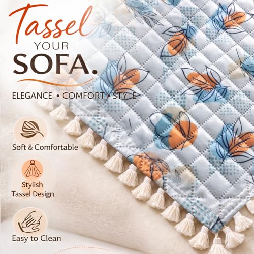 Image of HOKIPO Abstract Petals Quilted Sofa Cover 5 Seater with Tassels Set - Sofa Cover for Seat & Back | 'Tassel Twigs' Series (IN-991-T10 + IN-989-T10)