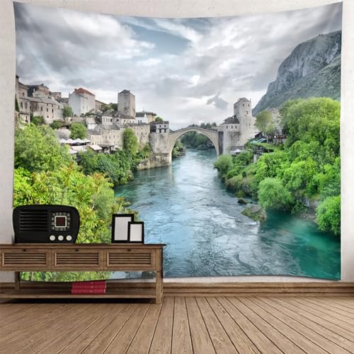 Tapisserie murale pour salon 150x130 avec paysage naturel de village et rivière