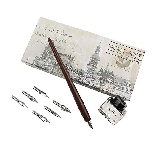 FEATTY Gifts Pen & Ink Set 6 Nibs & Black Ink Bottle Antique Dip Wooden Pen Calligraphy Writing Pen Best Gift & Fancy Dip Pen For All