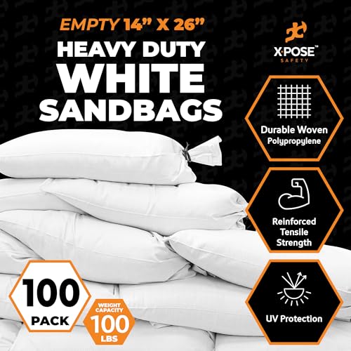 Image of Xpose Safety Heavy Duty Sand Bags with Tie Strings - Empty Woven Polypropylene Sandbags for Hurricane Flood Protection, 100 lb Capacity, 14 inch x 26 inch, White, Pack of 100