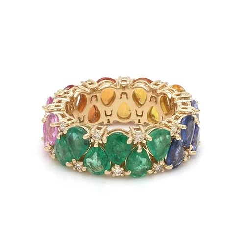 Rkgems 14K Solid Yellow Gold Rainbow Sapphire Pear Cut Eternity Band Ring With Rainbow Gradient In | Natural Multi Sapphire Ombre Ring Rainbow Gift For Mom (Sterling Silver, 6) #TOP1