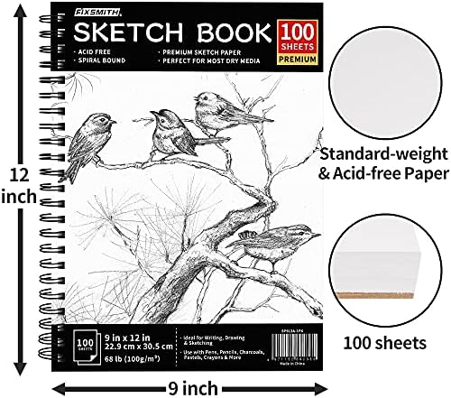FIXSMITH 9"X12" Sketch Book, 100 Sheets (68 lb/100gsm) Sketchbook, Spiral Bound Art Supplies Drawing Pad, Durable Acid Free Drawing Paper, Ideal for Kids & Adults, Bright White - 2