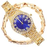 TEHAUX Reloj de Pulsera para Hombre Gemas de Imitación, Movimiento de Cuarzo Preciso, Esfera Calendario y Números Romanos, Correa de Acero Inoxidable Color Oro Azul, Conjunto Pulsera