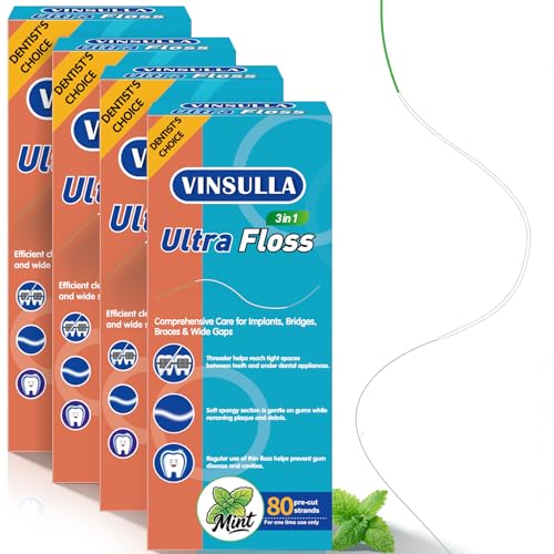 Image of VINSULLA 3-in-1 Orthodontic Dental Floss for Braces & Implants | Built-in Threader, Spongy & Regular Floss, PFAS & PTFE-Free, Mint, 320 Pre-Cut (4 Pack)