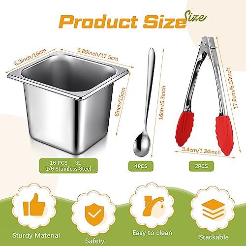Image of 16 Pack 1 /6 Stainless Steel Pans with Lid, 2Tongs, 4Spoons, 6 Inch Deep