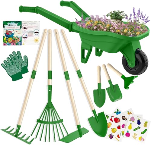 Qtioucp Kids Gardening Tools Outdoor Toys Set Backyard Play with Wheelbarrow Educational STEM Learning Pretend Toys Outdoor Indoor for Toddlers Kids Boys Girls