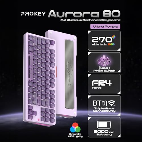 Image of PMOKEY Aurora 80 CNC Full Aluminum Wireless Mechanical Keyboard with VIA /QMK, 8000mah Battery, Tri-Mode Wireless Gaming Keyboard Custom Hot Swappable RGB Backlit for Windows /Mac /PC (Ultra Purple)
