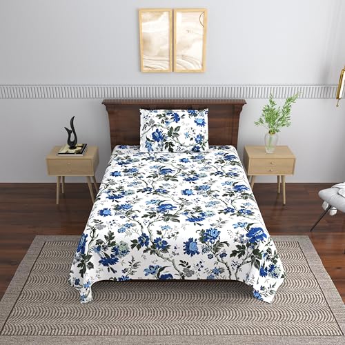 Image of Mafatlal Saanjh 144 TC Single Bed Sheet Cotton 90x60 Inch | Pure Cotton Bedding Set | Floral Printed Bed Cover | Lightweight Breathable Comfort | Block Printed | Pillow Cover Included | Prime Blue