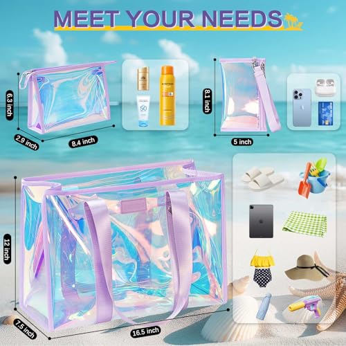 27L Beach Bags for Women, Iridescent Beach Tote Bag with Makeup Bag & Phone Pouch - Waterproof Clear Tote Bag3