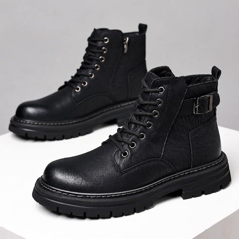 Men's High-Top Leather Boots with Round Toe Lace-Up Design Side Zipper Mesh Lining Trendy Casual Shoes Sturdy Work Shoes Stylish Outdoor Shoes