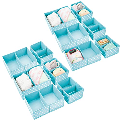 Image of mDesign Fabric Drawer Organizer Bins, Kids/Baby Nursery Dresser, Closet, Shelf, Playroom Organization, Hold Clothes, Toys, Diapers, Bibs, Blankets, Set of 2, 6 Pack, Turquoise Blue/White Polka Dot