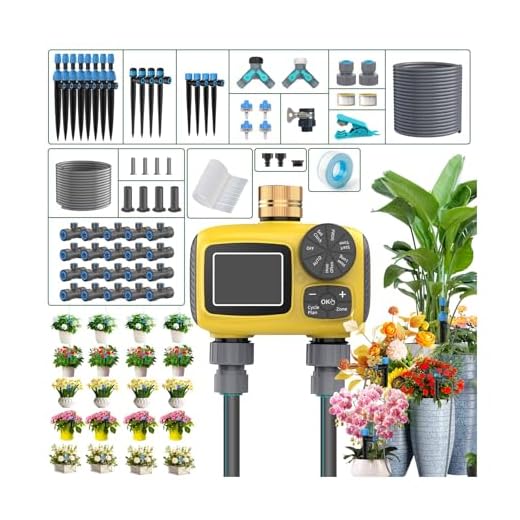 TRJZWA Kit de Sistema de Riego por Goteo con Temporizador Automático de Agua de 2 Zonas con Pantalla LCD,Temporizador de Riego con Nuevo Conector Rápido Antifugas para Jardín,Césped