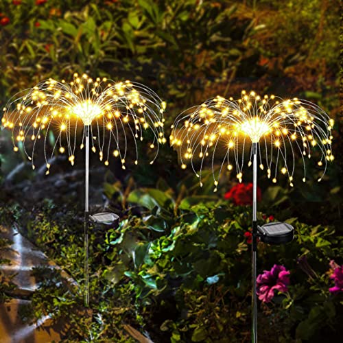 Solari Esterno Giardino Lampade, 2 pack 120 led Solari Fuochi-artificio Luce Decorative Illuminazione,Luci Scintillio Fate Luci Decorative di Illuminazione per Aiuola,Feste, Giardino,Vaso,Casa（caldo）